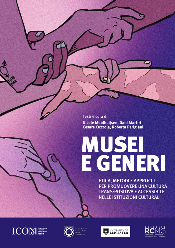 Cover image of the 'Musei e Generi' document with an illustration featuring several hands holding each other.,